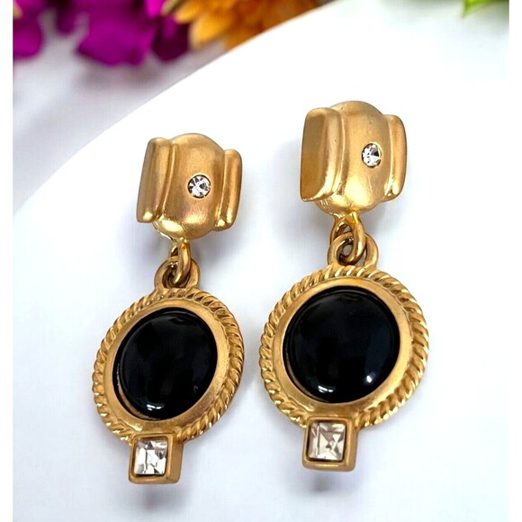 Vintage Earrings Gold Tone Black Cabochon Clear Crystal Pierced 4O - Picture 1 of 6